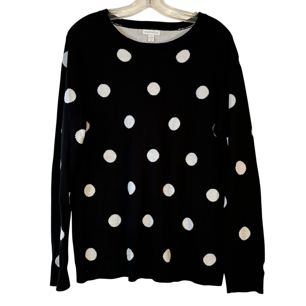 Charter Club Womens XL Black White Polka Dot Cotton Blend Crewneck Sweater
